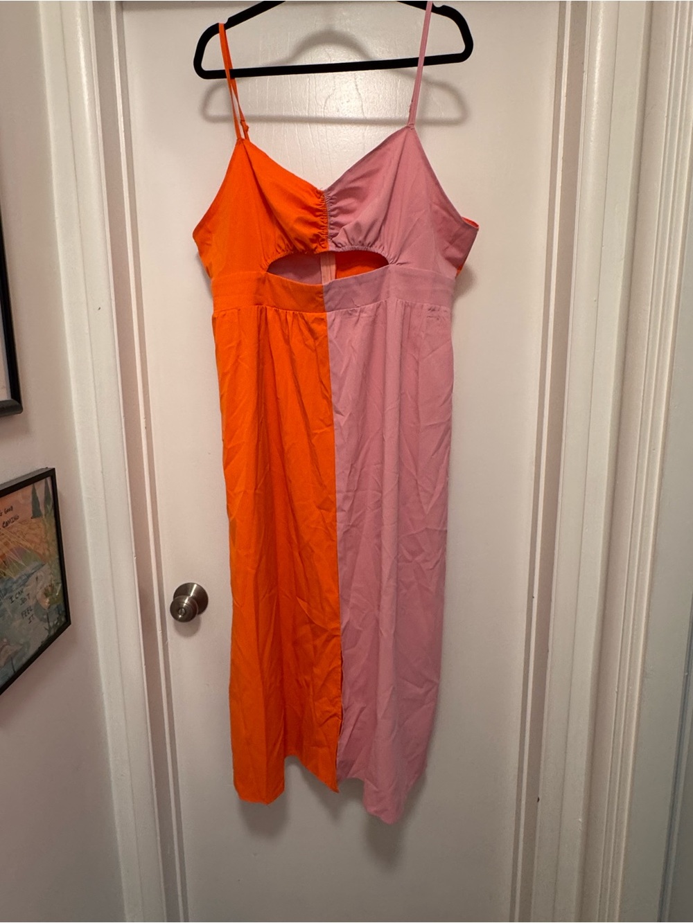 Colorblock Spaghetti Strap Midi Dress in Orange and Pink